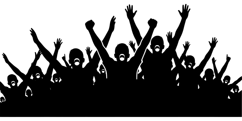 Black and white illustration of a crowd of cheering fans